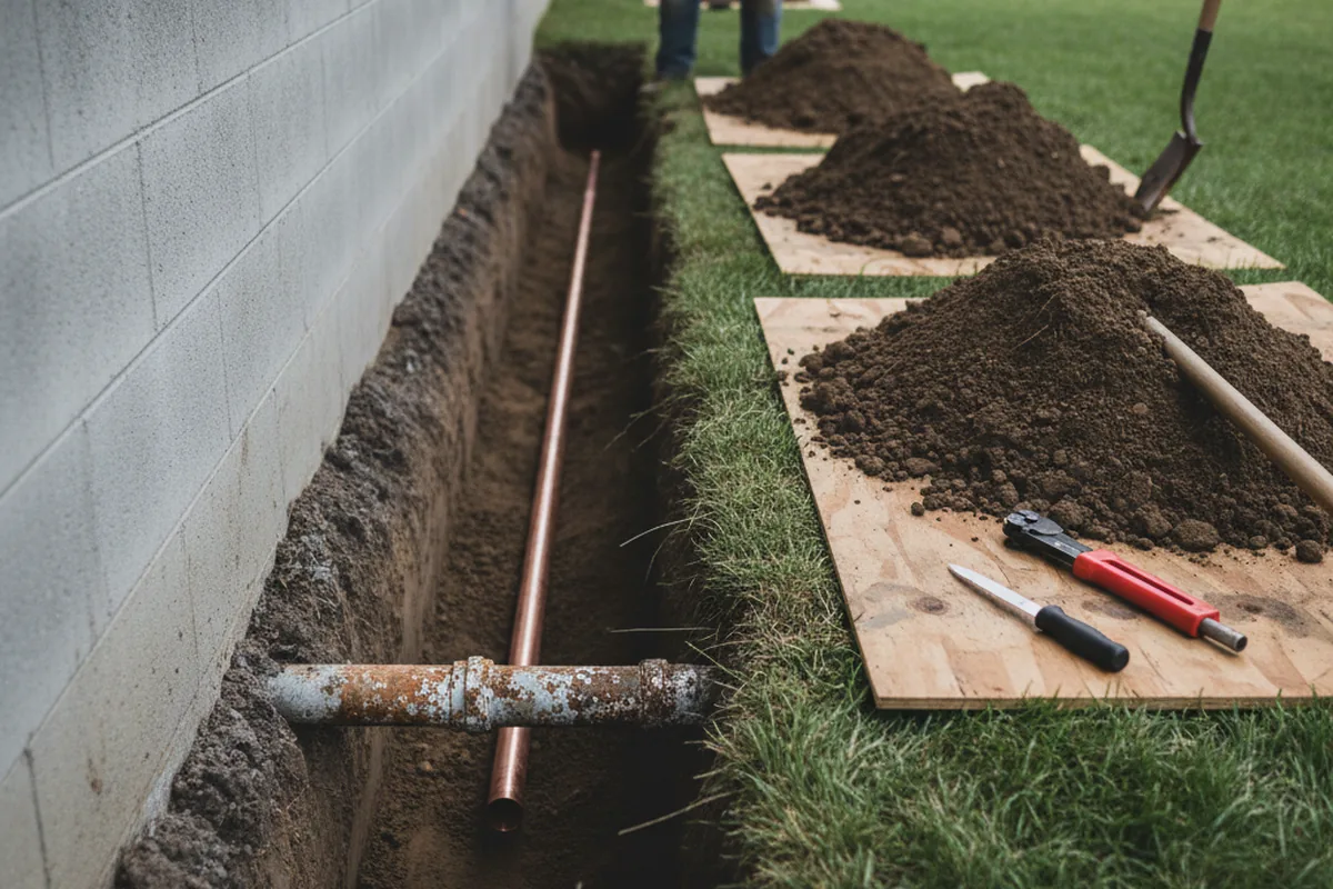 Excavated water line trench during Water Heater Repair in Camp Lejeune